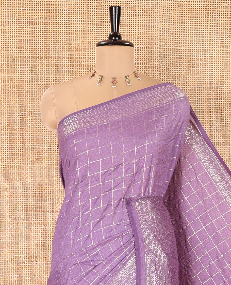 Lavender Vichitra Saree, Accentuated with Medium-Sized Checked Design on Its Body, Highlighted by a Traditional Design Border, Self-Pallu, and Comes Without a Blouse