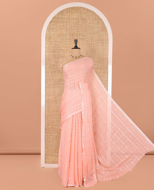 Peach Chinon Chiffon Saree, Richly Detailed with Gold Zari Checked Design on Its Body, Self-Pallu, and Paired with a Contrast Elephant-Tree-Themed French Knot Embroidered Blouse