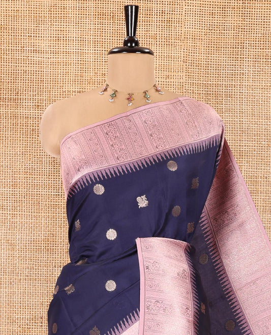 Blue Kanchi Silk Saree, Enriched with Peacock-Chakram Buttas All Over Its Body, Complemented by a Contrast Border of Floral Creeper Designs, an Intricately Designed Pallu, and Paired with a Matching Blouse