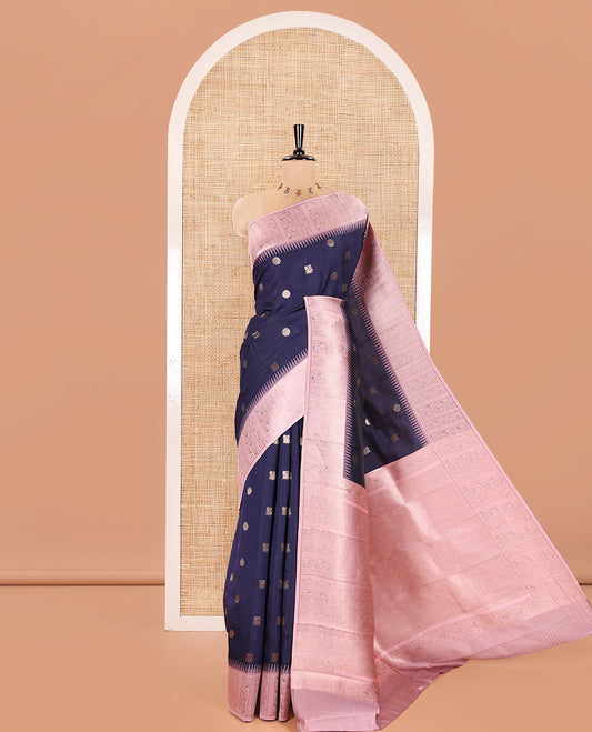 Blue Kanchi Silk Saree, Enriched with Peacock-Chakram Buttas All Over Its Body, Complemented by a Contrast Border of Floral Creeper Designs, an Intricately Designed Pallu, and Paired with a Matching Blouse
