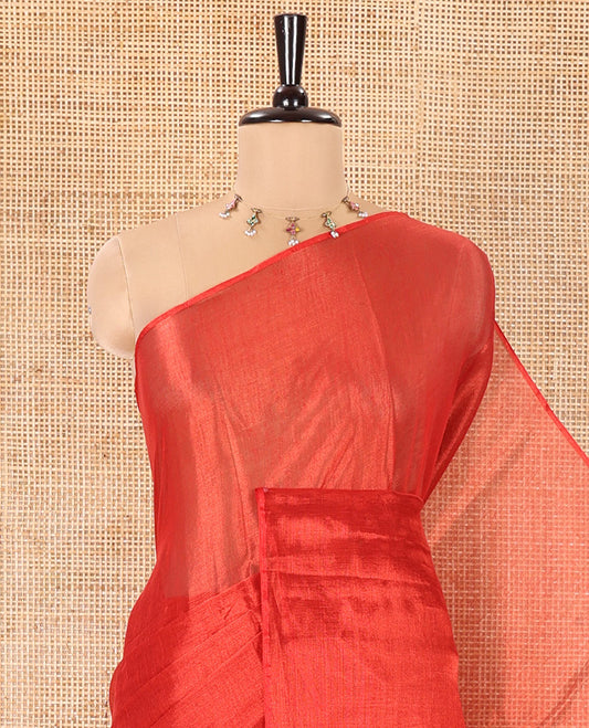 Borderless Red Plain Khadi Tissue Saree, a Self-Pallu, and Paired with a Matching Blouse