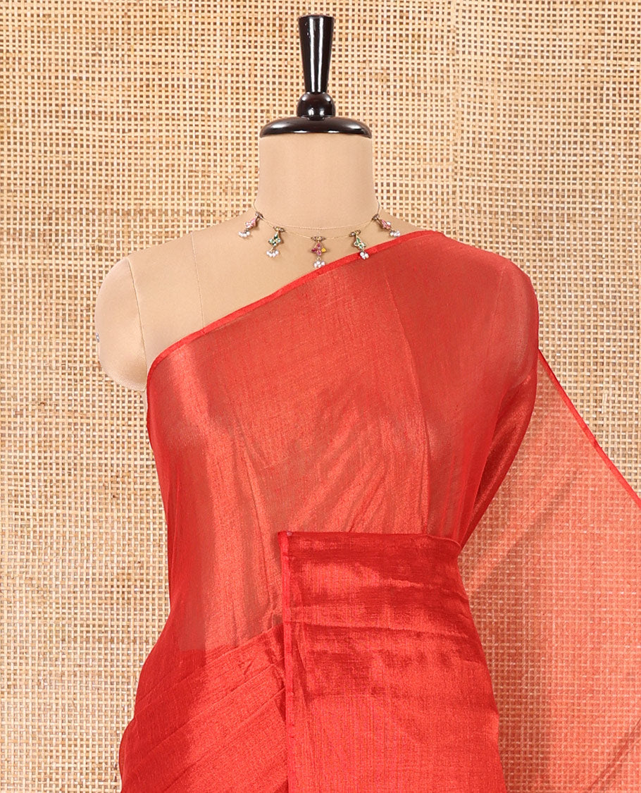 Borderless Red Plain Khadi Tissue Saree, a Self-Pallu, and Paired with a Matching Blouse