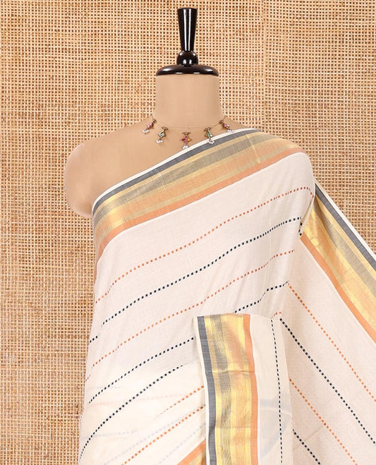 Half-White Kerala Cotton Saree, Subtly Sparkled with Dotted Stripes on Its Body, Complemented by a Contrast Border, Pallu of Subtle Stripes, and Paired with a Matching Blouse