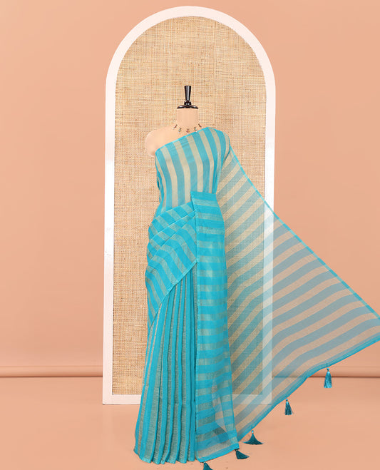 Borderless Rama Light Weight Chiffon Saree, Adorned with Vertical Stripes All Over Its Body, Subtle Self-Pallu, and Paired with a Matching Blouse