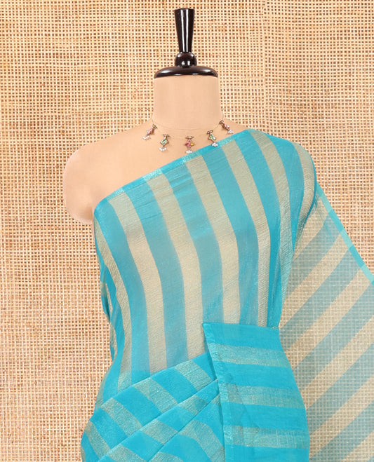 Borderless Rama Light Weight Chiffon Saree, Adorned with Vertical Stripes All Over Its Body, Subtle Self-Pallu, and Paired with a Matching Blouse
