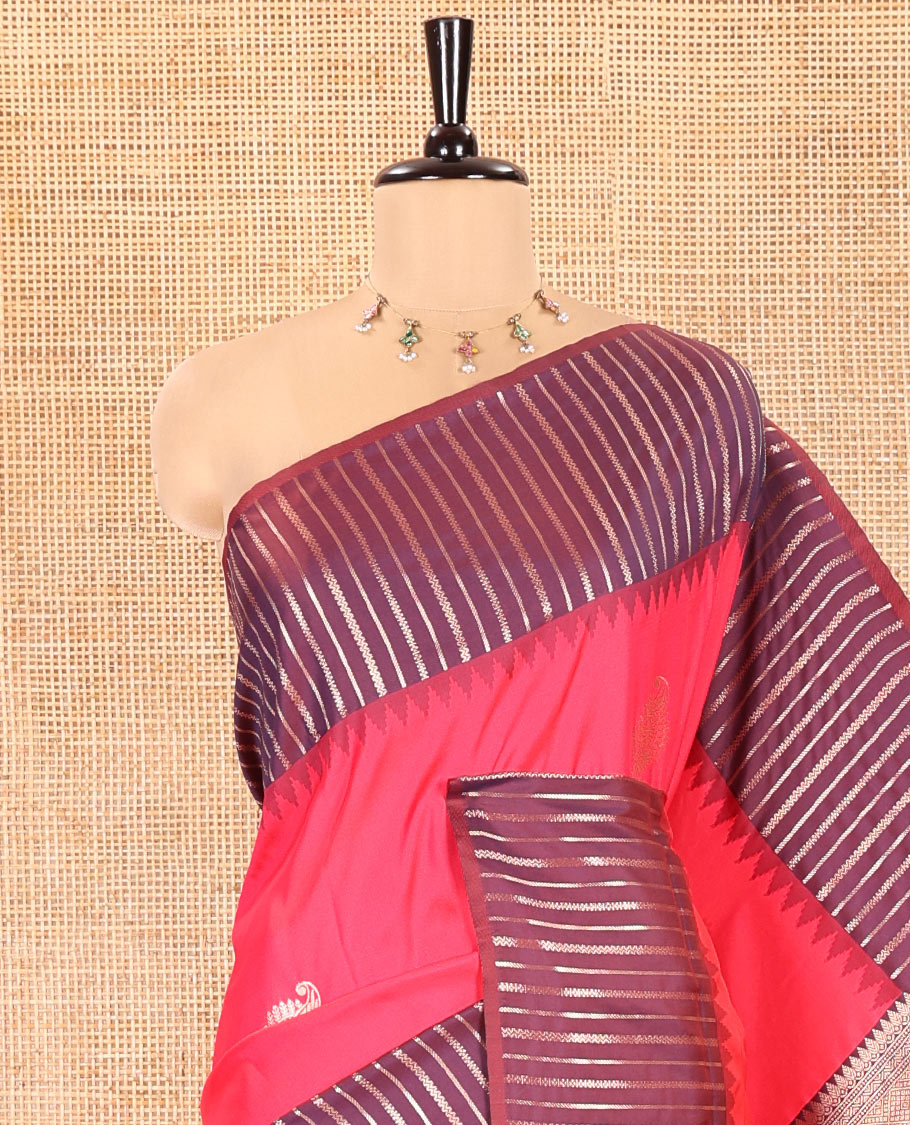 Pink Elite Soft Silk Saree, Spotlighted by Zari Buttas All Over Its Body, Complemented by Contrast Border Steeped with Geometric Patterns, Grand Pallu, and Paired with a Contrast Blouse