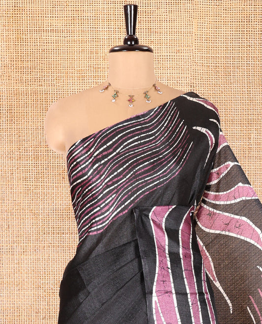 Borderless Black and Purple Art Khadi Cotton Saree, Detailed with Batik Print-Style Vines Print on Its Body, Self-Pallu of Batik Print, and Paired with a Matching Blouse