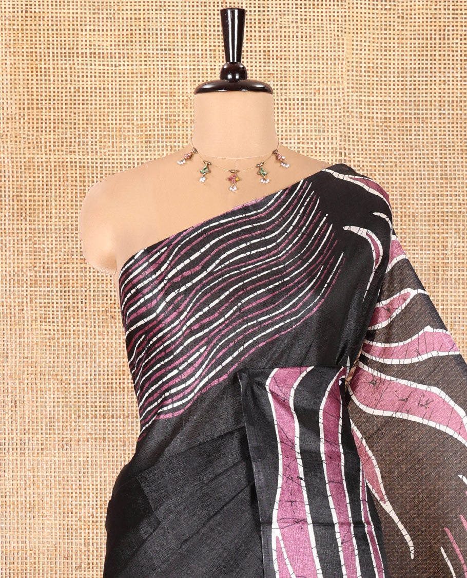Borderless Black and Purple Art Khadi Cotton Saree, Detailed with Batik Print-Style Vines Print on Its Body, Self-Pallu of Batik Print, and Paired with a Matching Blouse