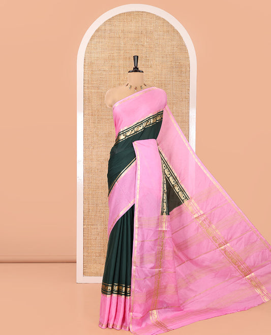 Bottle Green Plain Art Mysore Silk Saree, Complemented by Captivating Contrast Rettai Pettu Traditional Border of Elephant Zari Buttas, Striped Pallu, and Paired with a Contrast Blouse