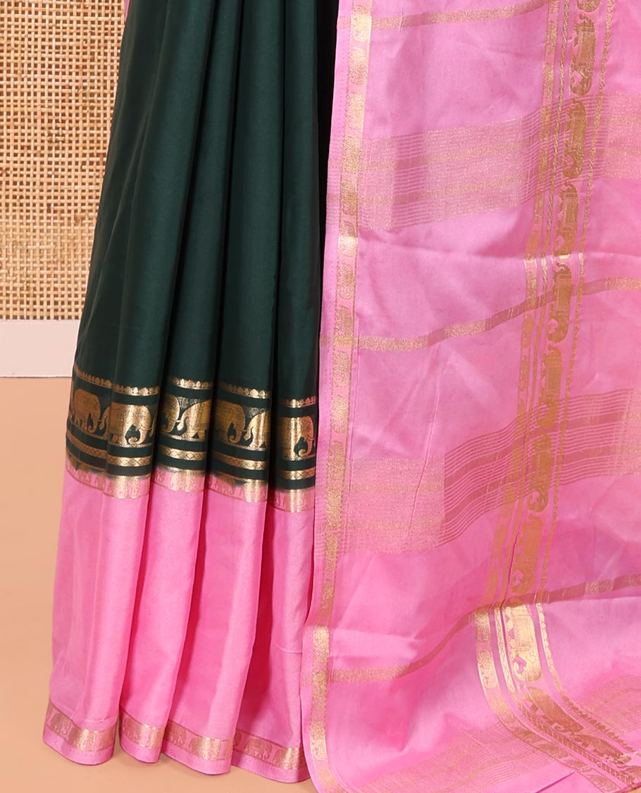 Bottle Green Plain Art Mysore Silk Saree, Complemented by Captivating Contrast Rettai Pettu Traditional Border of Elephant Zari Buttas, Striped Pallu, and Paired with a Contrast Blouse