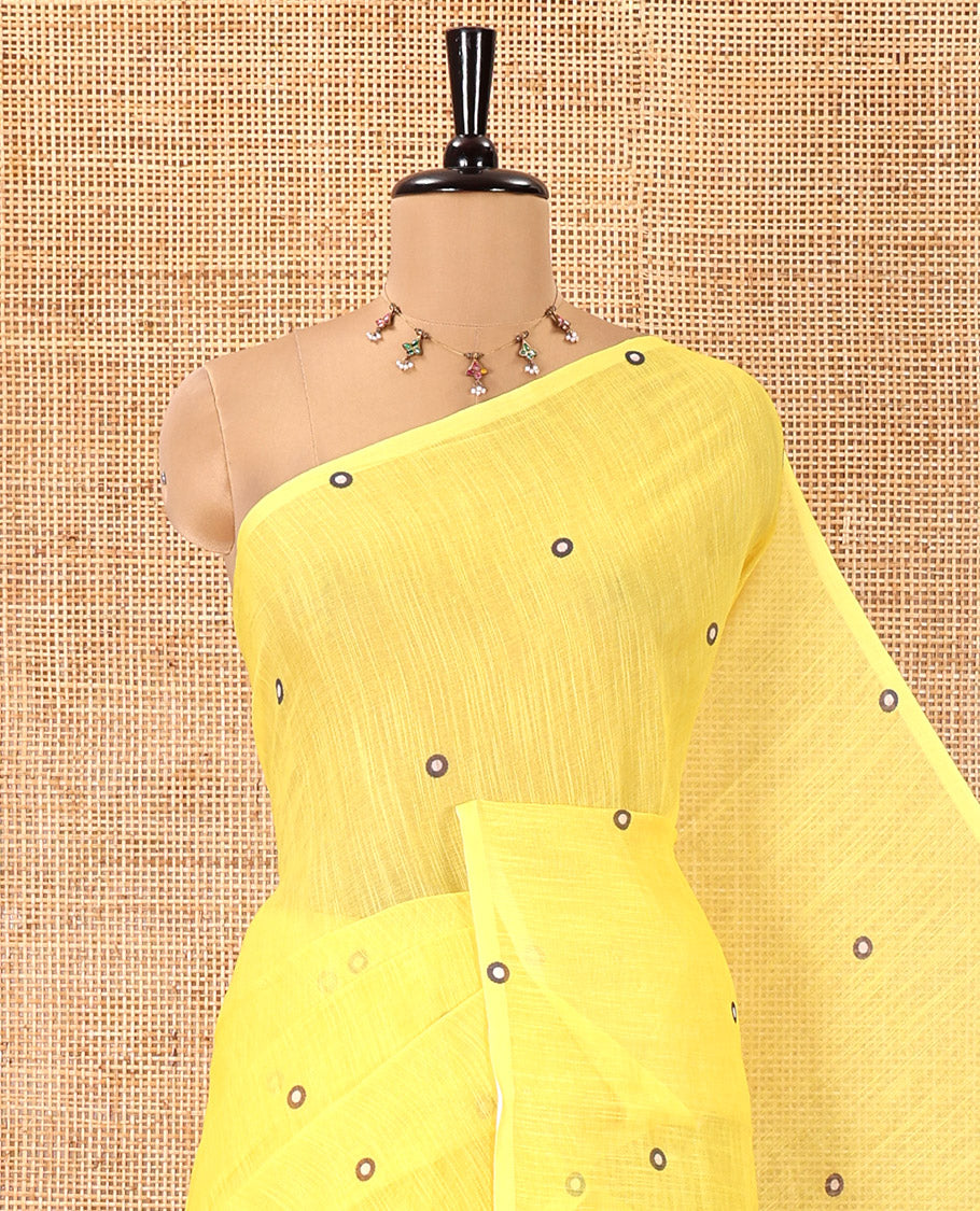 Borderless Yellow Linen Cotton Saree, Adorned with Polka Dot Print, Complemented by Contrast Geometric Printed Pallu and Paired with a Contrast Blouse