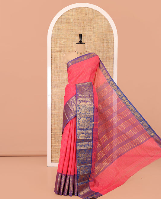 Pink Chettinad Cotton Saree, Gleamed Up Checked Design All Over Its Body, Complemented by a Contrast Traditional Zari Border of Peacock Designs, Zari-Striped Pallu, and Has No Blouse