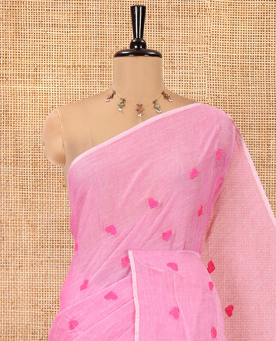 Borderless Dusky Pink Khadi Mul Cotton Saree, Delicately Woven with Heart Motifs Embroidered All Over Its Body, a Self-Pallu, and Matching Blouse