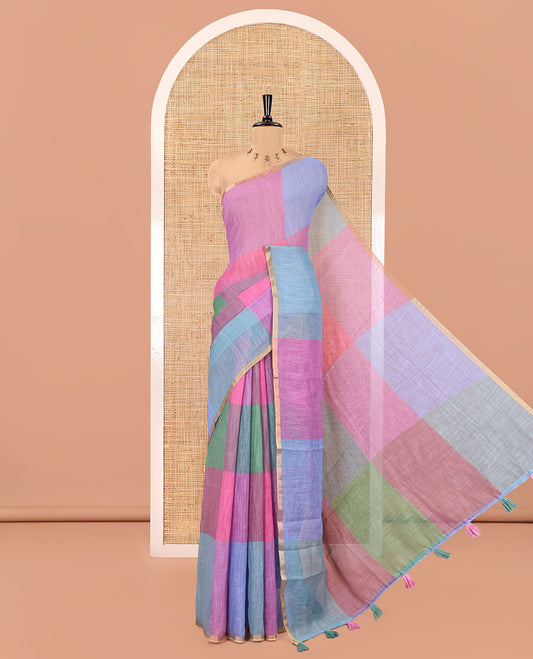 Borderless Magenta Linen Cotton Saree, Macro-Checked Design on Its Body, a Self-Pallu, and Contrast-Printed Blouse
