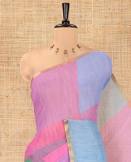 Borderless Magenta Linen Cotton Saree, Macro-Checked Design on Its Body, a Self-Pallu, and Contrast-Printed Blouse