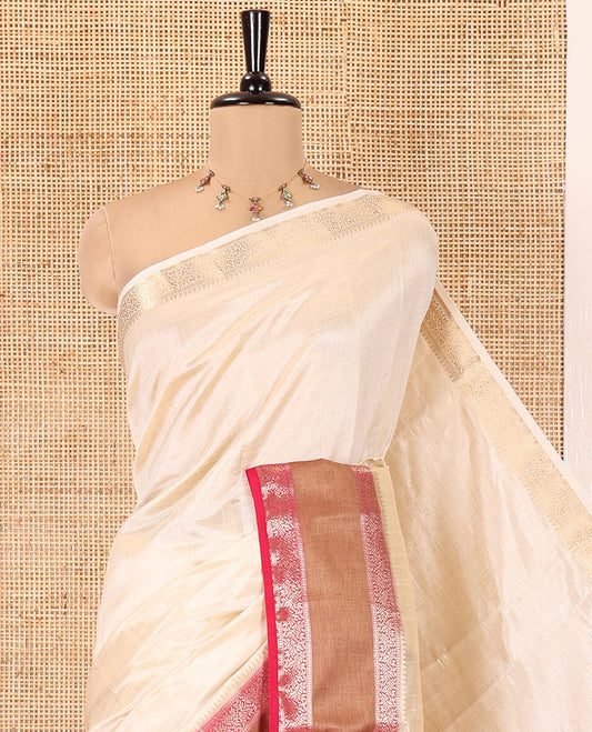 Cream-Rani Art Tussar Saree, Contrast Rettai Pettu Traditional Border, Zari-Striped Pallu, and a Contrast Blouse