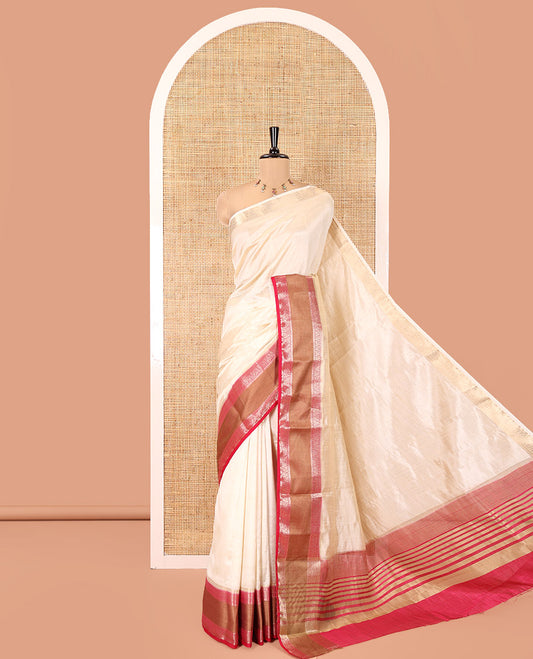 Cream-Rani Art Tussar Saree, Contrast Rettai Pettu Traditional Border, Zari-Striped Pallu, and a Contrast Blouse