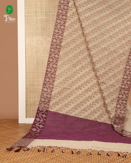 Chikku color with wine color cross fancy design banaras soft kotta saree with thread woven border & chit pallu along with running blouse