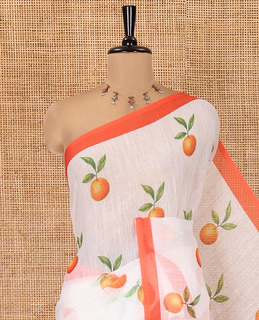 White Linen Cotton Saree, Artfully Printed with Orange Motifs All Over Its Body, Complemented by a Contrast Border, Geometric-Printed Pallu, and Paired with a Contrast Blouse