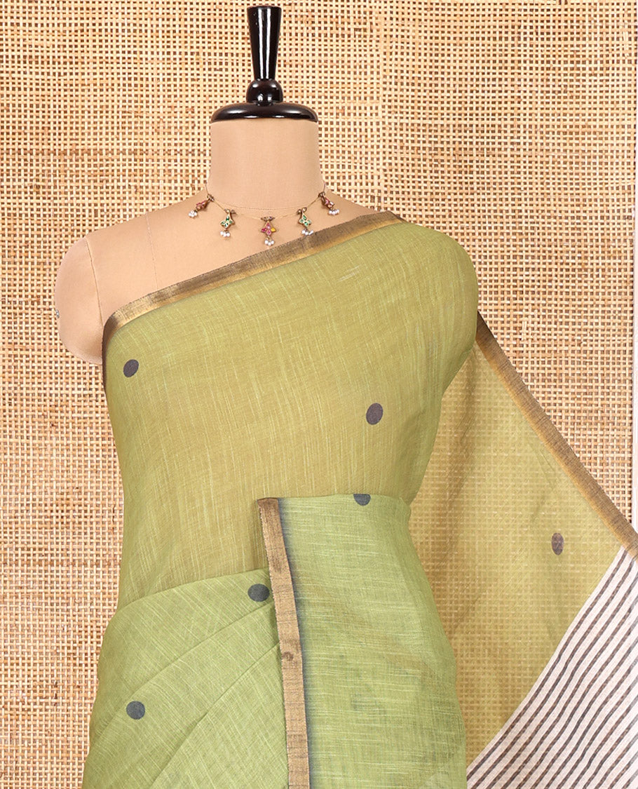 Olive Green Linen Cotton Saree, Adorned with Half-And-Half-Style Polka Dots, a Subtle Piping Border, Contrast Vertically Striped Pallu, and a Contrast Blouse
