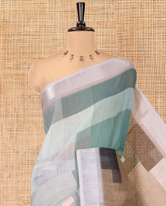 Green Linen Cotton Saree, Highlighted by Geometric-Style Checked Design on Its Body, a Subtle Bavanji Border, Geometric Printed Pallu, and Paired with a Matching Blouse