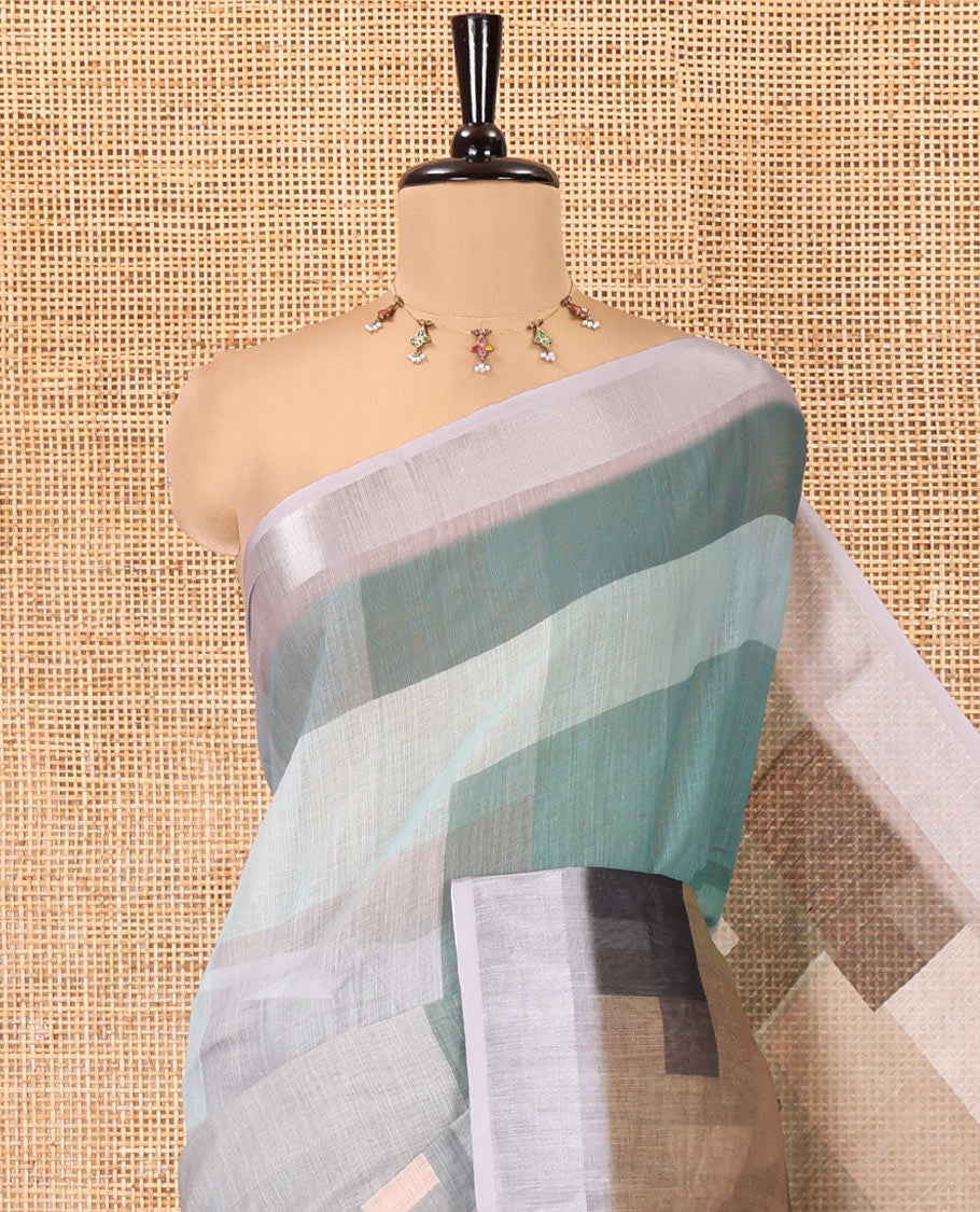 Green Linen Cotton Saree, Highlighted by Geometric-Style Checked Design on Its Body, a Subtle Bavanji Border, Geometric Printed Pallu, and Paired with a Matching Blouse