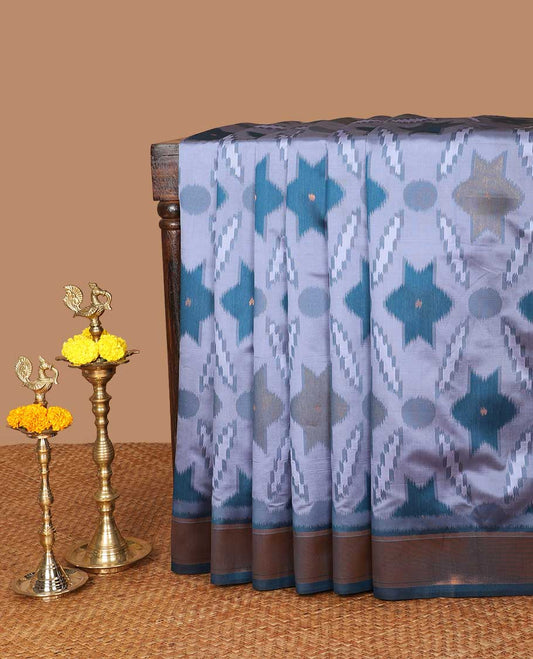 pastel shade pochmmpally ikkat design mulberry silk saree with zari katti border & zari ikkat desig pallu along with contrast blouse