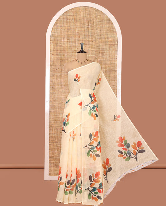 Borderless Sandal Linen Cotton Saree, Elevated with Multi-Color Leaf Buttas, a Self-Pallu, and a Matching Blouse