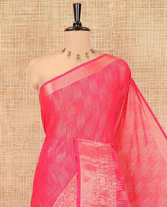 Rani Pink Chiffon Saree, Richly Detailed with Ikat-Style Weave and Stonework, a Traditional Border, a Floral Design Pallu, and a Matching Blouse