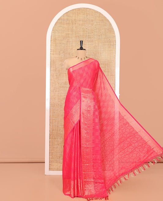 Rani Pink Chiffon Saree, Richly Detailed with Ikat-Style Weave and Stonework, a Traditional Border, a Floral Design Pallu, and a Matching Blouse