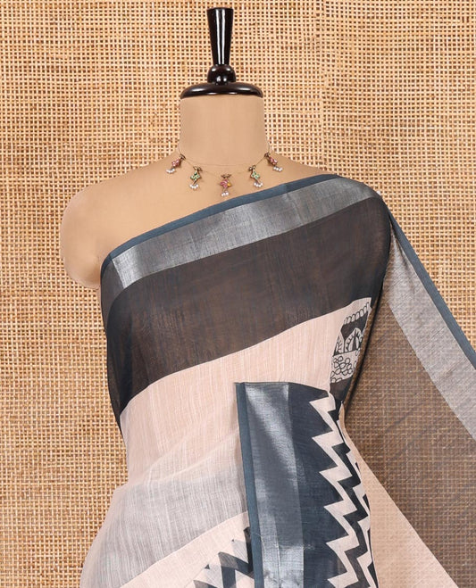 Peach Linen Cotton Saree Features a Dancer-Feet-Theme Print, Contrast Border, Striped Pallu, and a Contrast Blouse