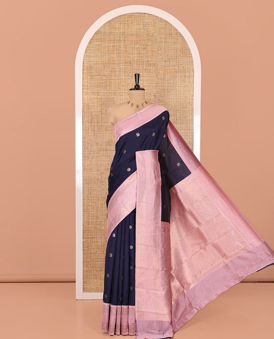 Navy Blue Kanchi Silk Saree Features Mayil-Chakram Buttas, a Contrast Traditional Border, Jaal Pallu, and a Contrast Blouse