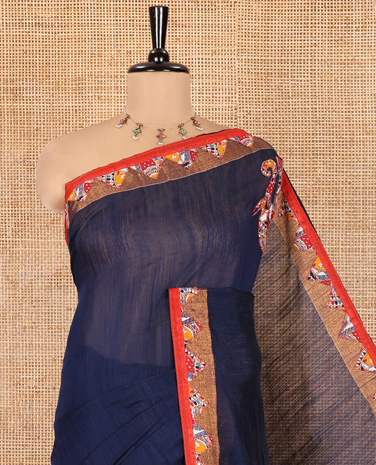 Navy Blue Khadi Linen Saree, Artfully Crafted with Elephant Appliqué Work, Contrast Temple Appliqué Border and a Plain Blouse