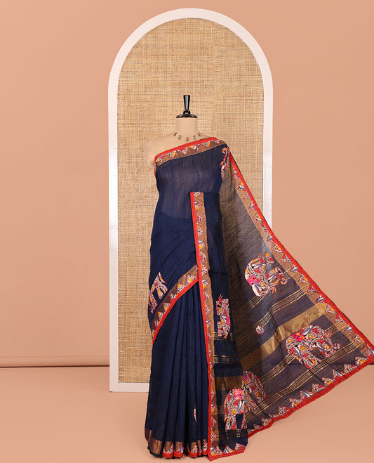 Navy Blue Khadi Linen Saree, Artfully Crafted with Elephant Appliqué Work, Contrast Temple Appliqué Border and a Plain Blouse
