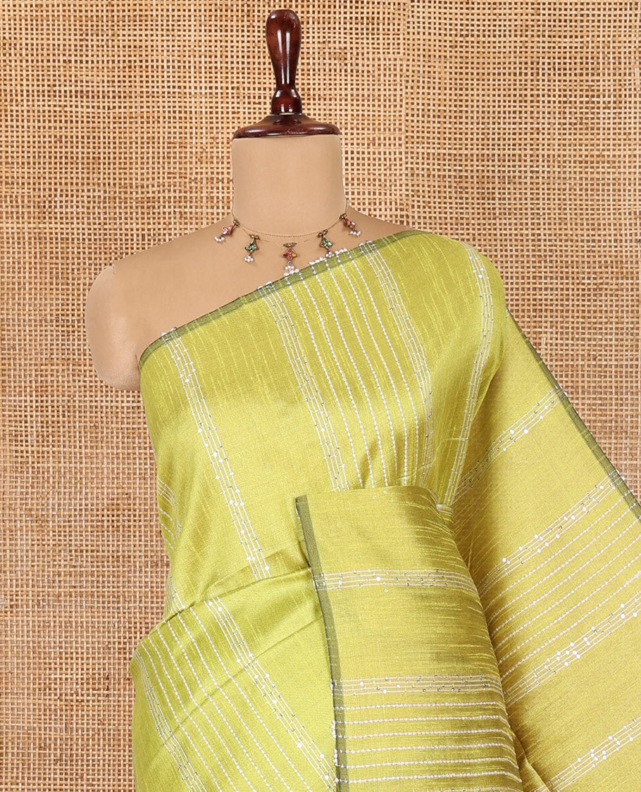 Borderless Green-Magenta Semi-Raw Silk Saree, Decorated with Sequined Stripes, a Contrast Zari Striped Pallu, and Contrast Blouse