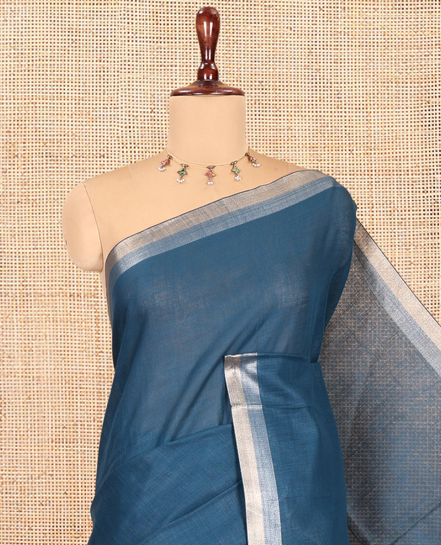Blue Plain Linen Cotton Saree, a Subtle Zari Border, a Self-Pallu, and Matching Blouse
