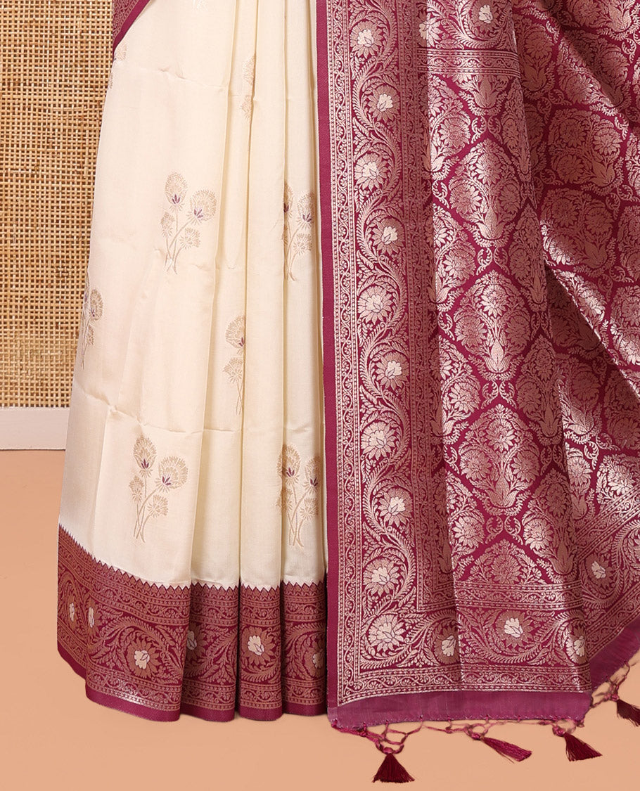 Cream-Purple Elite Soft Silk Saree, Ornamented  with Zari Buttas, a Contrast Floral Creeper Border, Intricate Pallu, and a Contrast Blouse