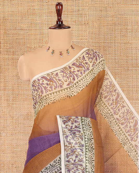 Violet Plain Ombre-Styled Kota Doria Saree, a Contrast Floral Printed Border, and a Contrast Printed Blouse