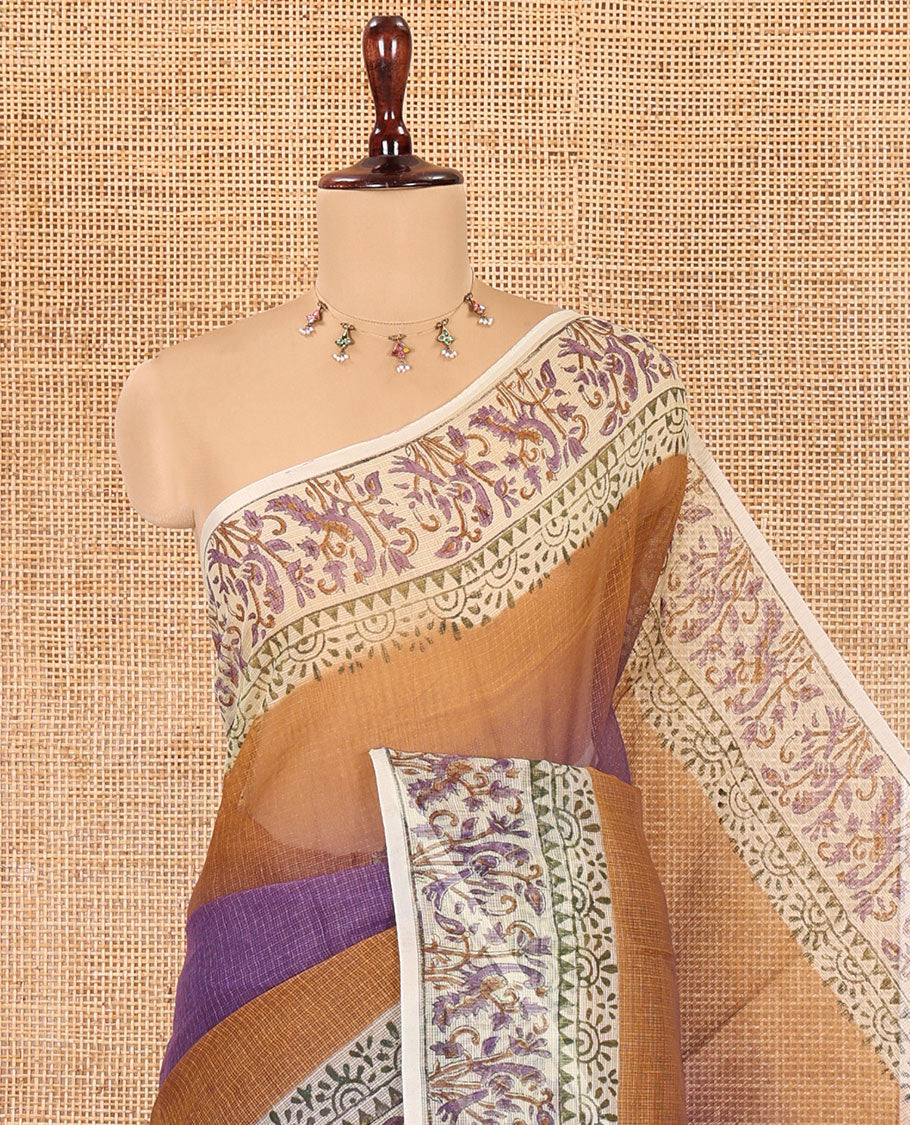 Violet Plain Ombre-Styled Kota Doria Saree, a Contrast Floral Printed Border, and a Contrast Printed Blouse