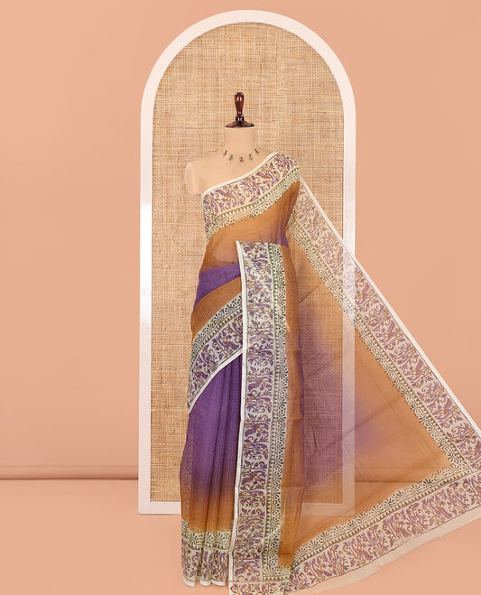 Violet Plain Ombre-Styled Kota Doria Saree, a Contrast Floral Printed Border, and a Contrast Printed Blouse