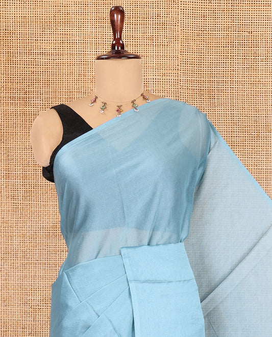 Borderless Dusky Blue Plain Crushed Rangoli Chiffon Saree, Comes with a Matching Designer Blouse