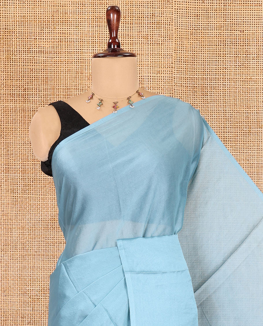 Borderless Dusky Blue Plain Crushed Rangoli Chiffon Saree, Comes with a Matching Designer Blouse