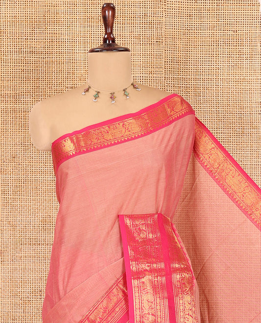 Pink Plain Chettinad Cotton Saree, a Contrast Traditional Rettai Pettu Temple Border, Striped Palu, and a Matching Blouse