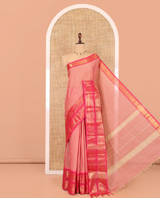 Pink Plain Chettinad Cotton Saree, a Contrast Traditional Rettai Pettu Temple Border, Striped Palu, and a Matching Blouse