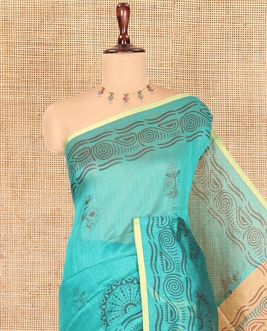Rama Khadi Cotton Saree, Adorned with Flower Motifs, Printed Border, Contrast-Printed Pallu, and a Contrast Blouse