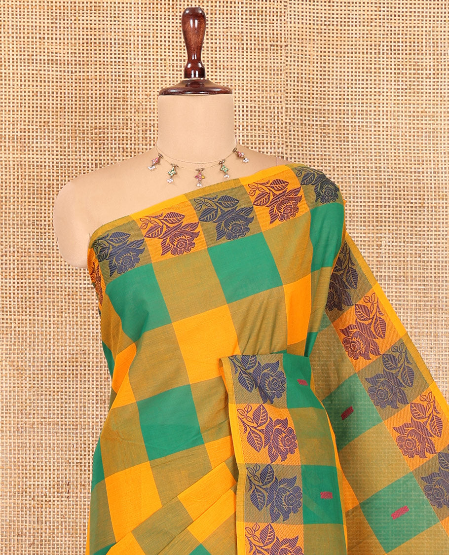 Orange-Green Checked Chettinad Cotton Saree, Subtly Sparkled with Buttas, a Rose Thread Border, Striped Pallu, and No Blouse