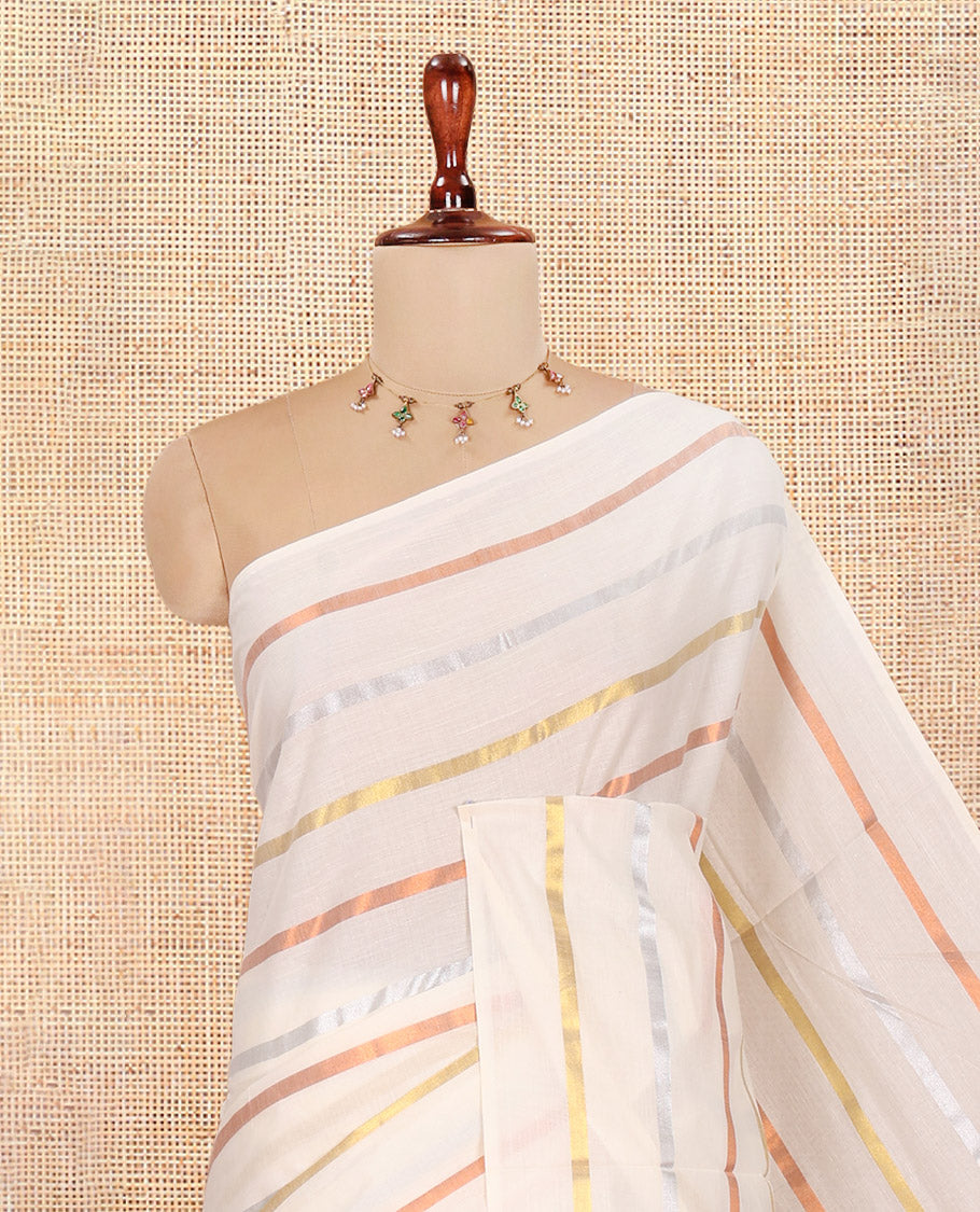 Borderless Off-White Kerala Cotton Saree Features Gold-Copper-Silver Zari Stripes, and a Matching Blouse