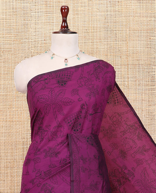 Borderless Purple South Cotton Saree Features Traditional Village-Theme Print, and a Matching Blouse