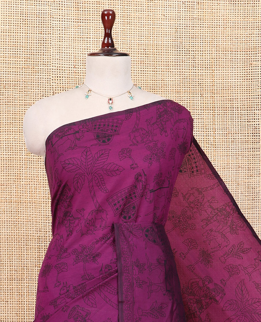 Borderless Purple South Cotton Saree Features Traditional Village-Theme Print, and a Matching Blouse