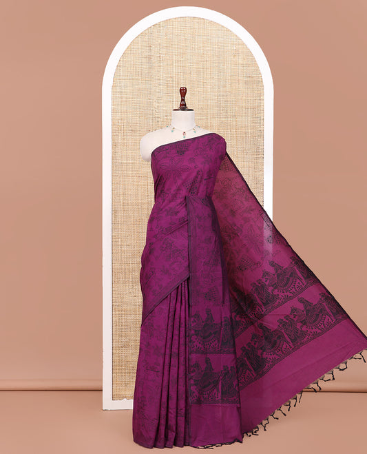 Borderless Purple South Cotton Saree Features Traditional Village-Theme Print, and a Matching Blouse